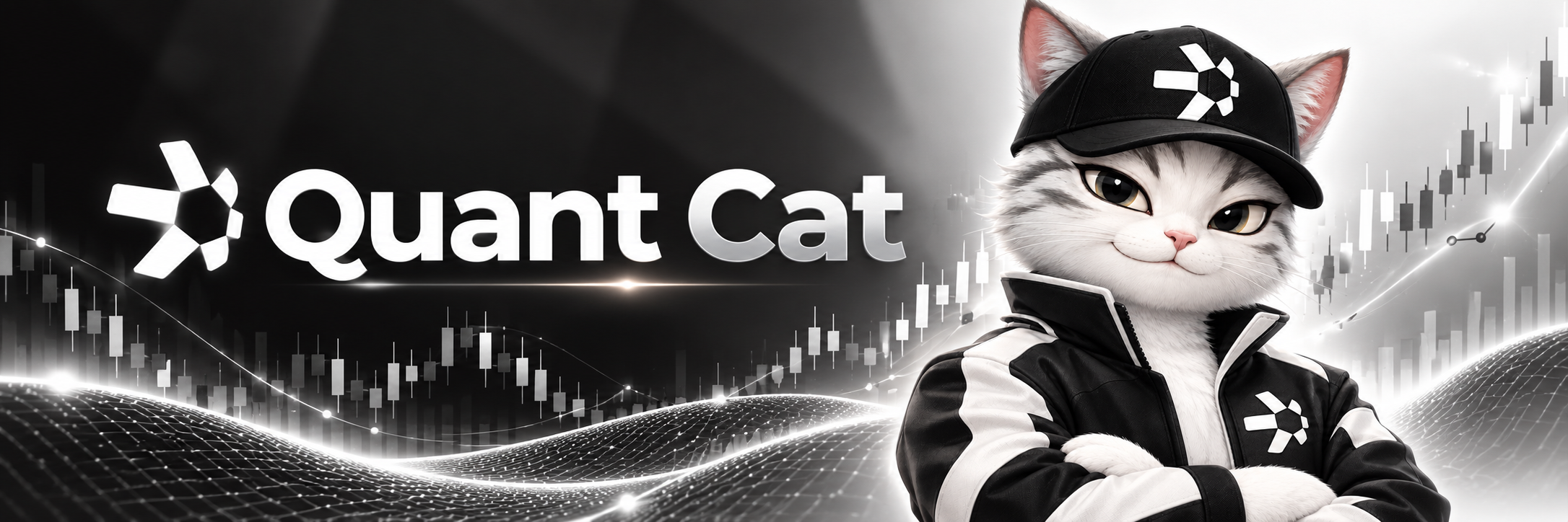 Quant Cat banner with chrome wordmark and candlestick field